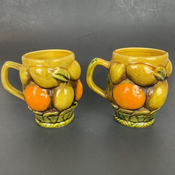 Inarco Vintage Ceramic Fruit Basket Mugs Pair Orange Lemon Design Coffee Cups - Picture 3 of 8